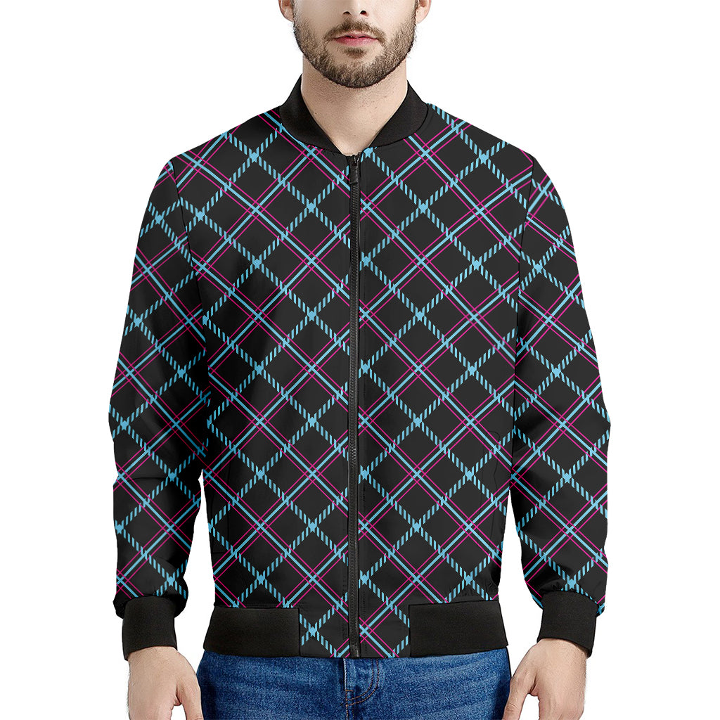 Black Blue And Pink Tartan Pattern Print Men's Bomber Jacket
