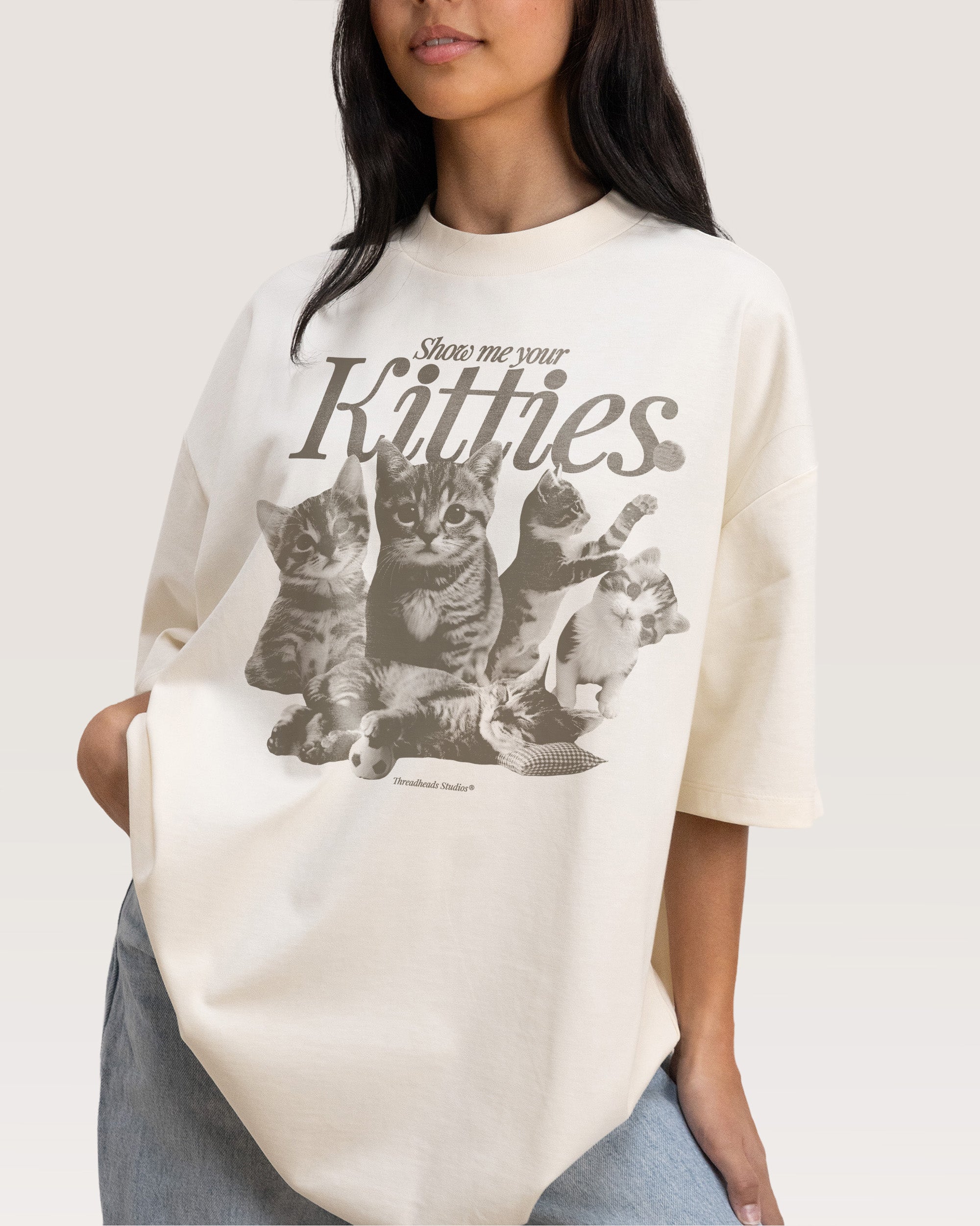 Show Me Your Kitties Oversized Graphic Tee - Unisex 90s Boxy Fit 100% Combed Cotton