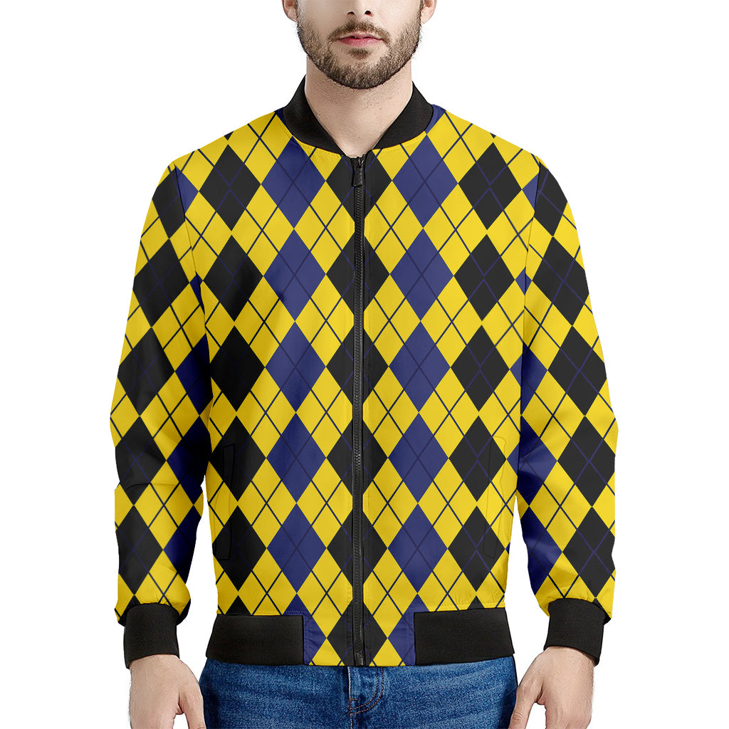 Black Blue And Yellow Argyle Print Men's Bomber Jacket