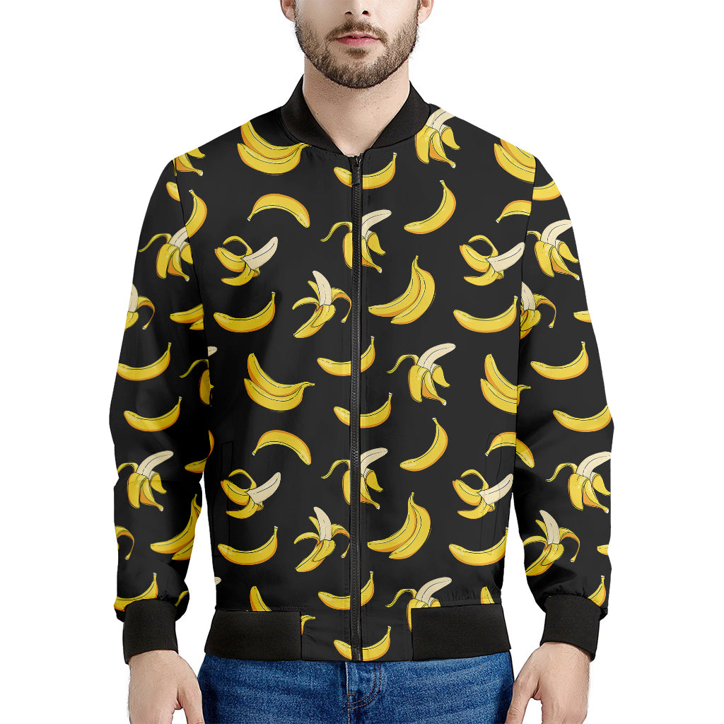 Black Cartoon Banana Pattern Print Men's Bomber Jacket