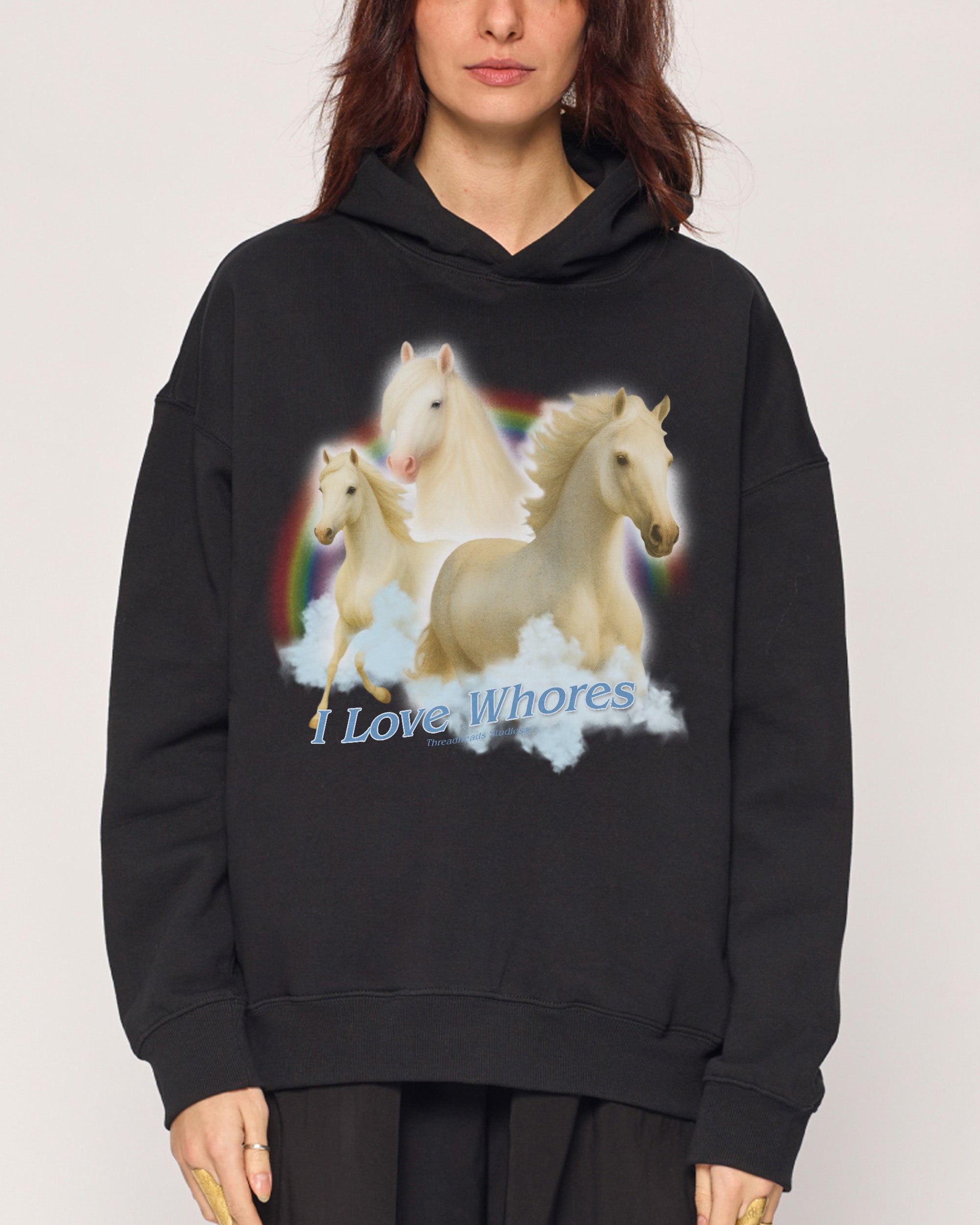 I Love Whores Unisex Graphic Hoodie - 90s Boxy Fit, 340gsm Cotton-Poly Blend